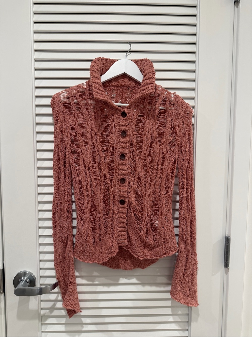 Acne Studios Distressed Open-Knit Hooded Cardigan Rust Pink